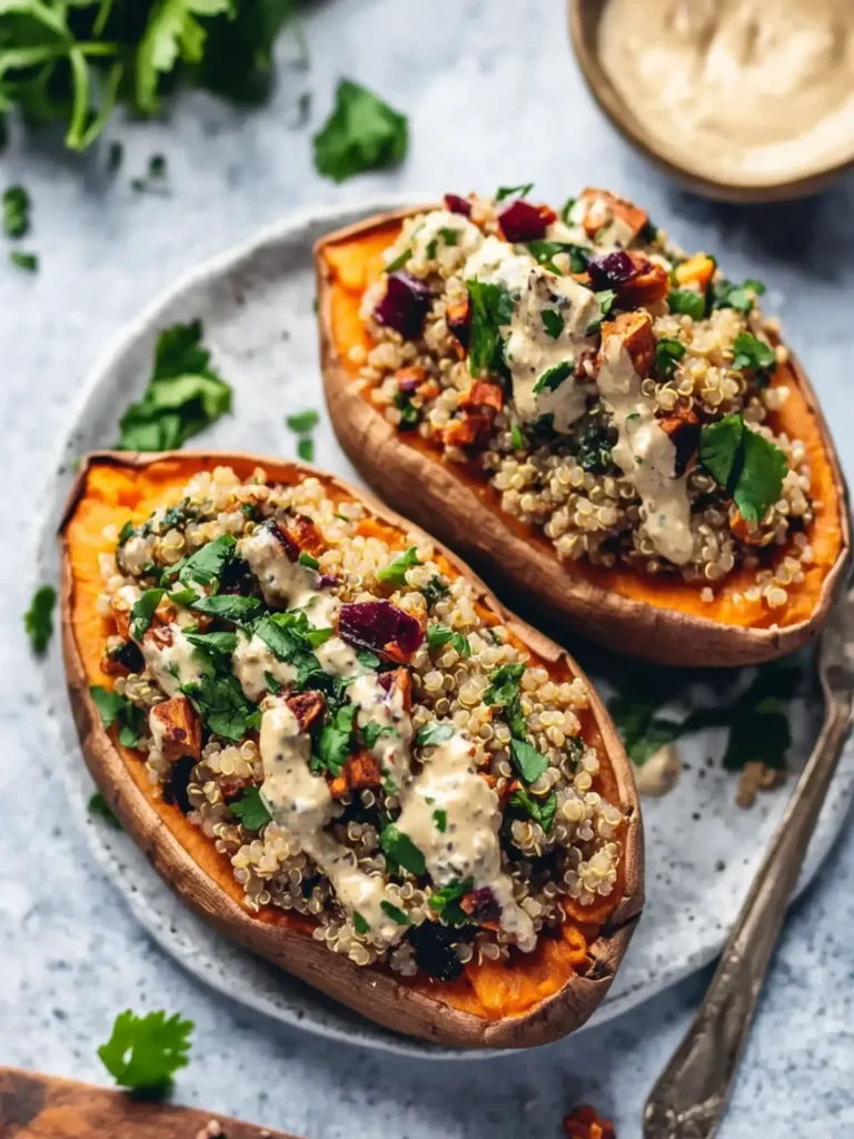 Vegan Stuffed Sweet Potatoes with Mediterranean Quinoa