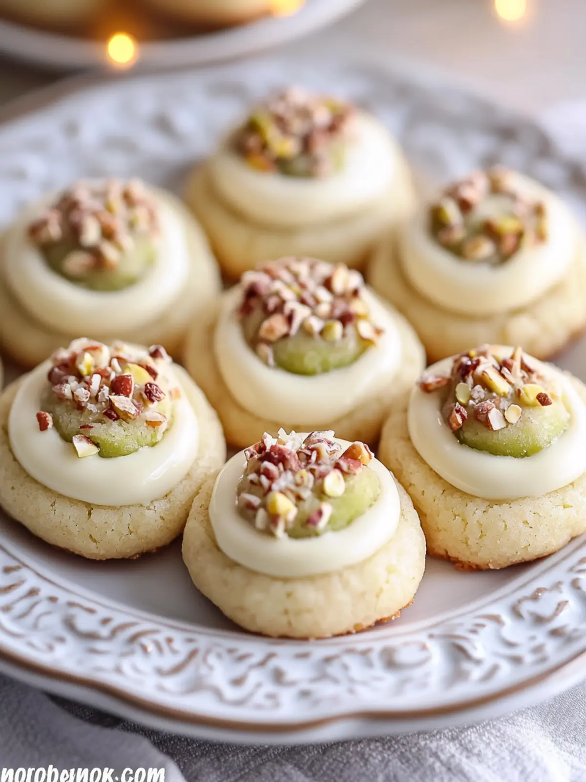 Pistachio Thumbprint Cookies with Cream Cheese Filling and White Chocolate Drizzle
