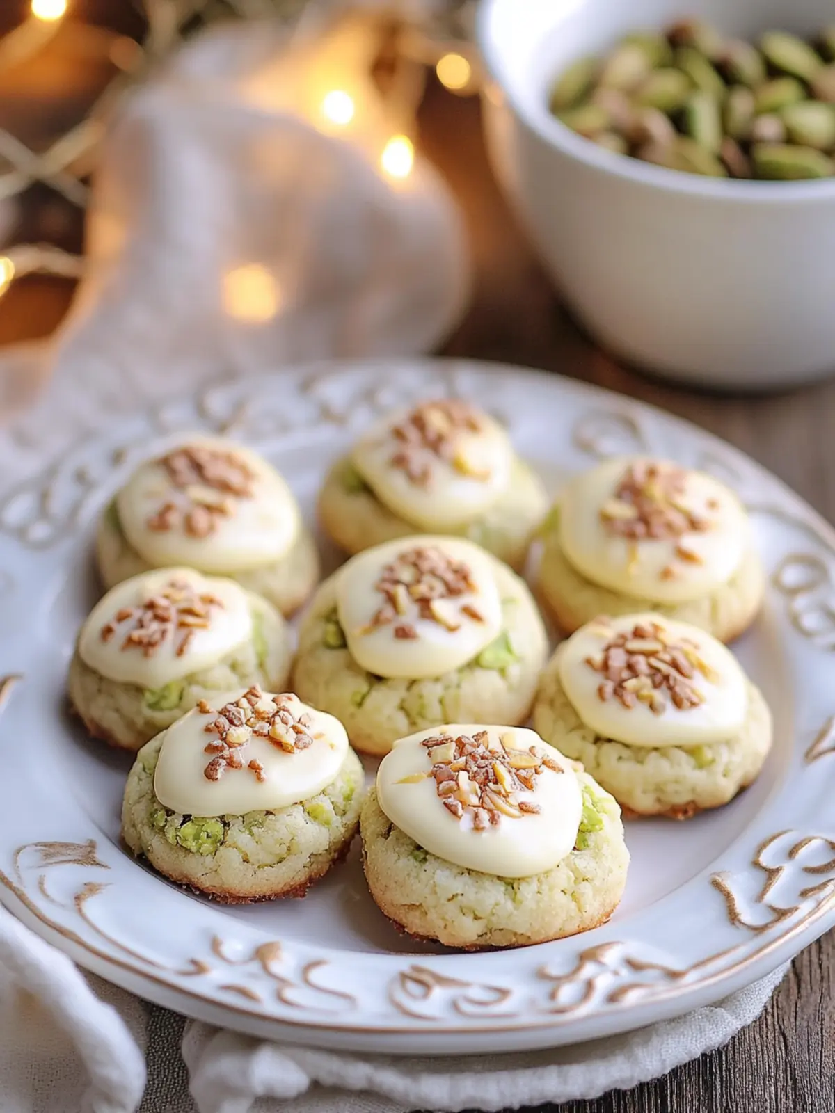 Pistachio Thumbprint Cookies with Cream Cheese Filling and White Chocolate Drizzle