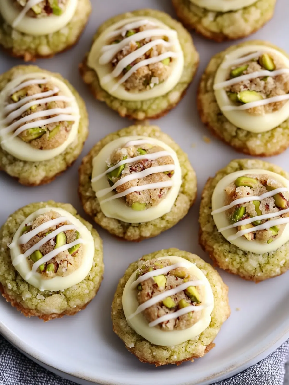 Pistachio Thumbprint Cookies with Cream Cheese Filling and White Chocolate Drizzle