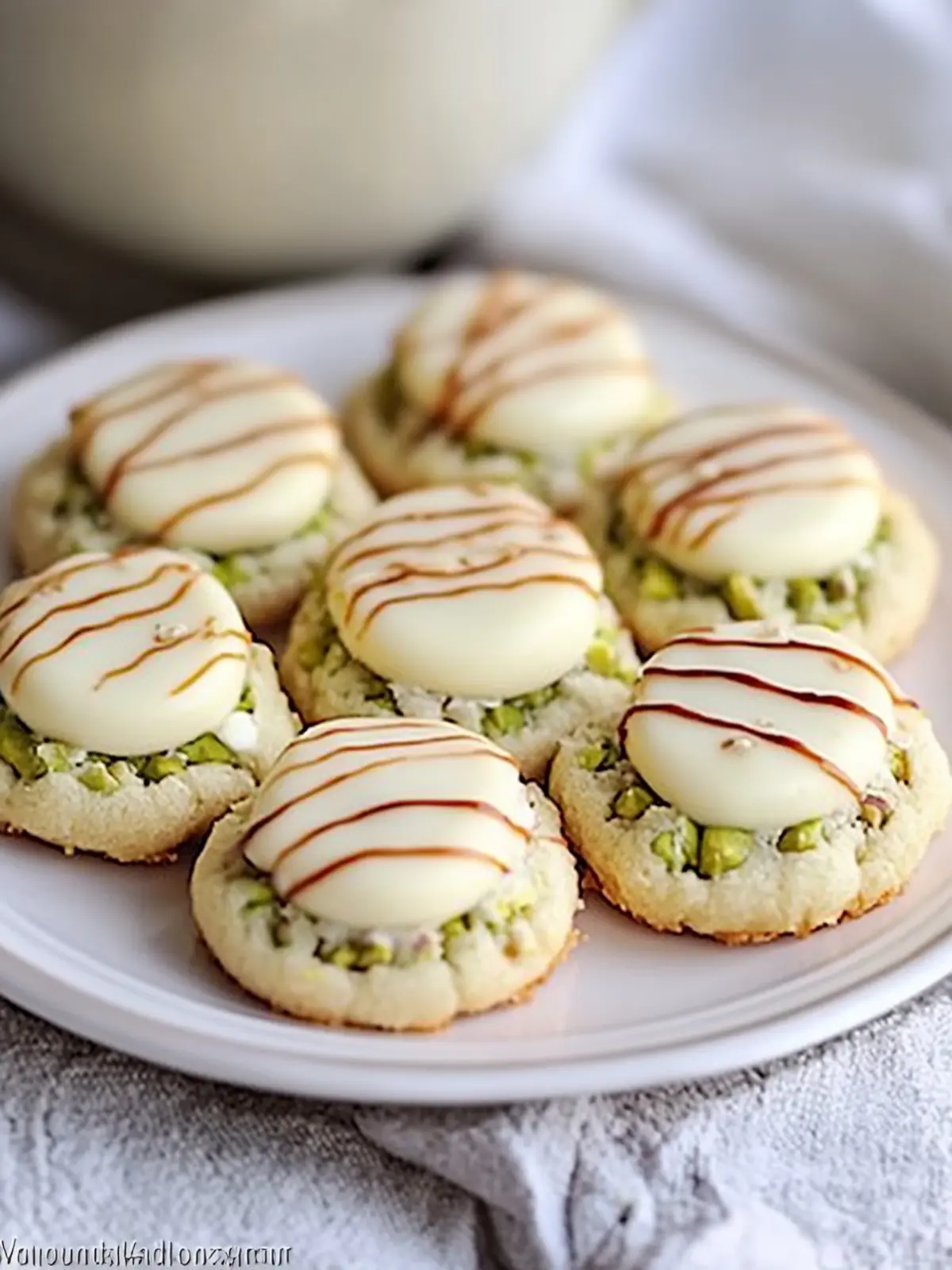 Pistachio Thumbprint Cookies with Cream Cheese Filling and White Chocolate Drizzle