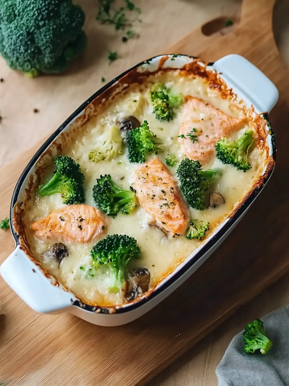 Salmon Gratin with Creamy Mushroom, Broccoli, and Mozzarella Cheese
