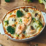Salmon Gratin with Creamy Mushroom, Broccoli, and Mozzarella Cheese