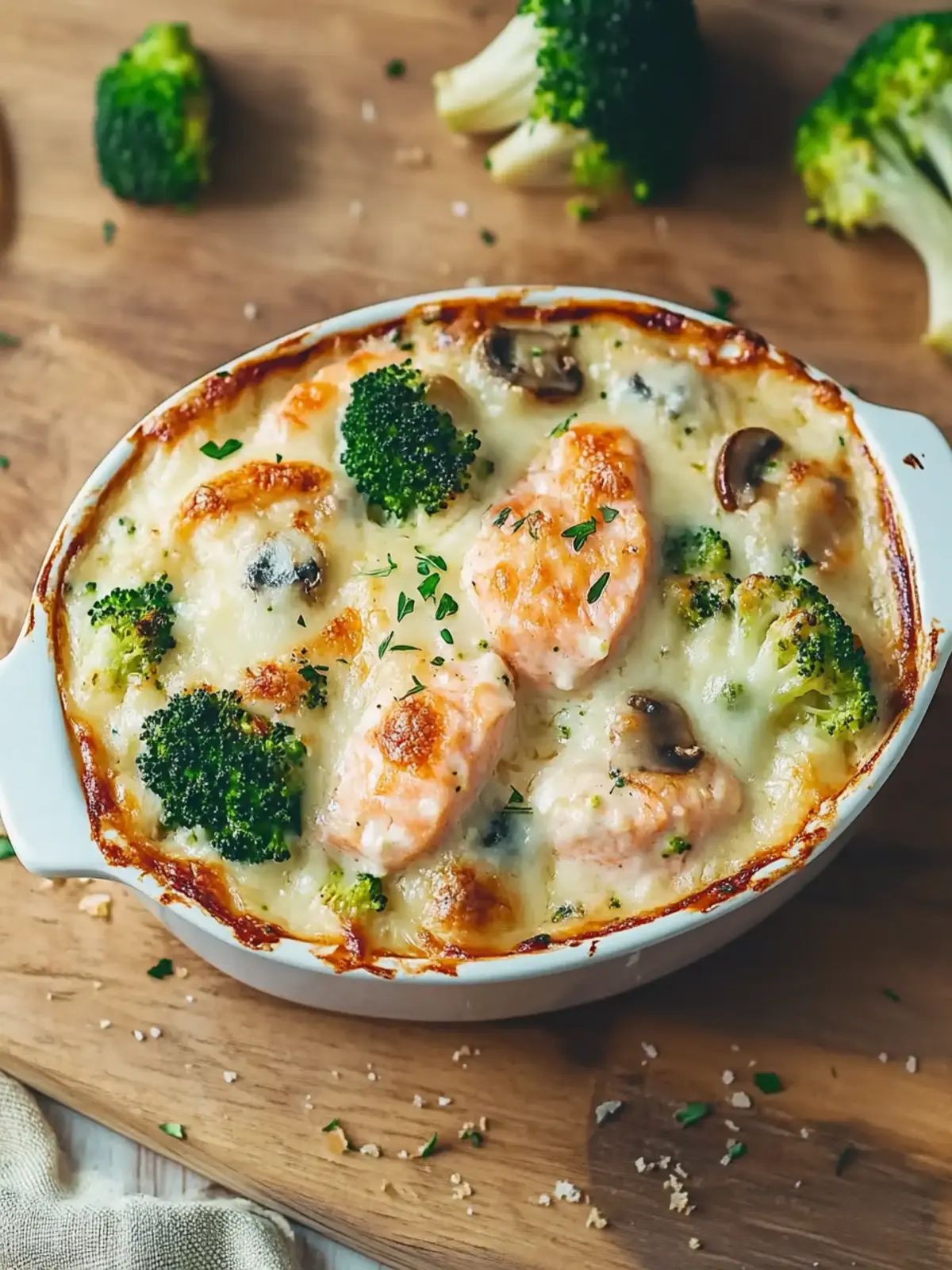 Salmon Gratin with Creamy Mushroom, Broccoli, and Mozzarella Cheese