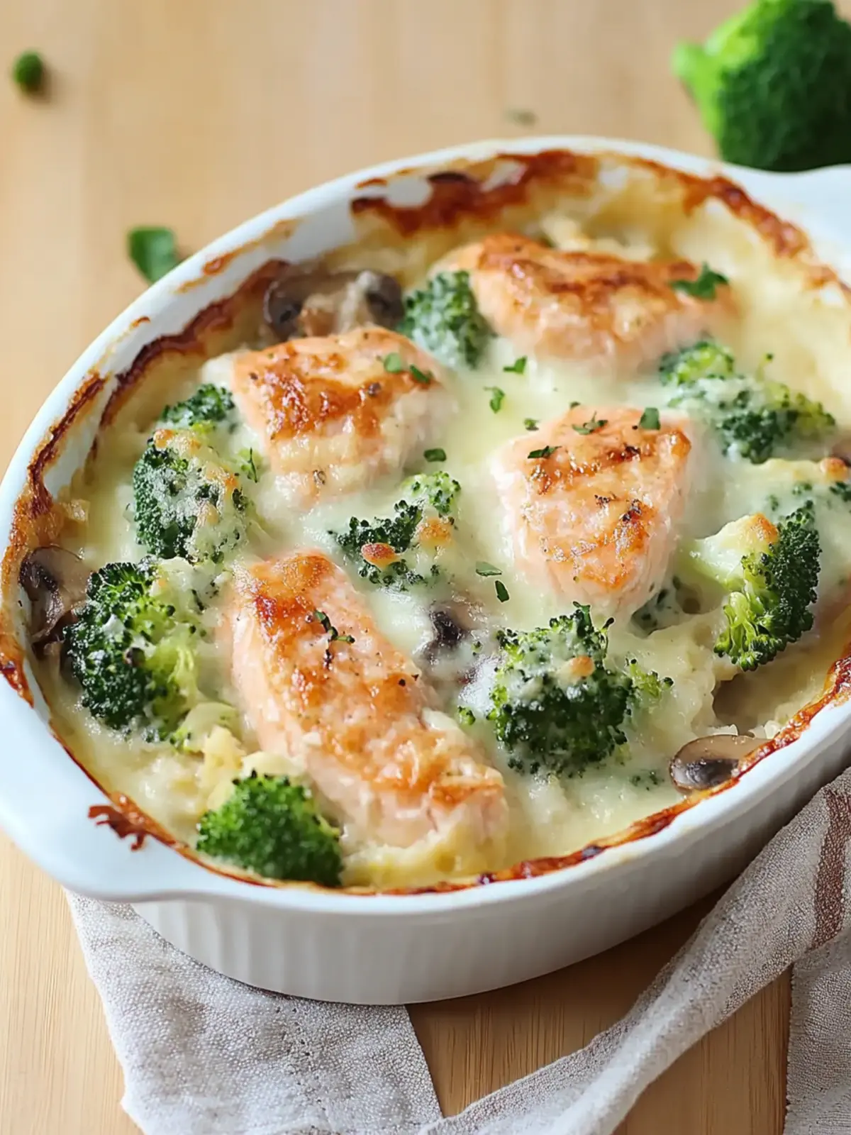Salmon Gratin with Creamy Mushroom, Broccoli, and Mozzarella Cheese