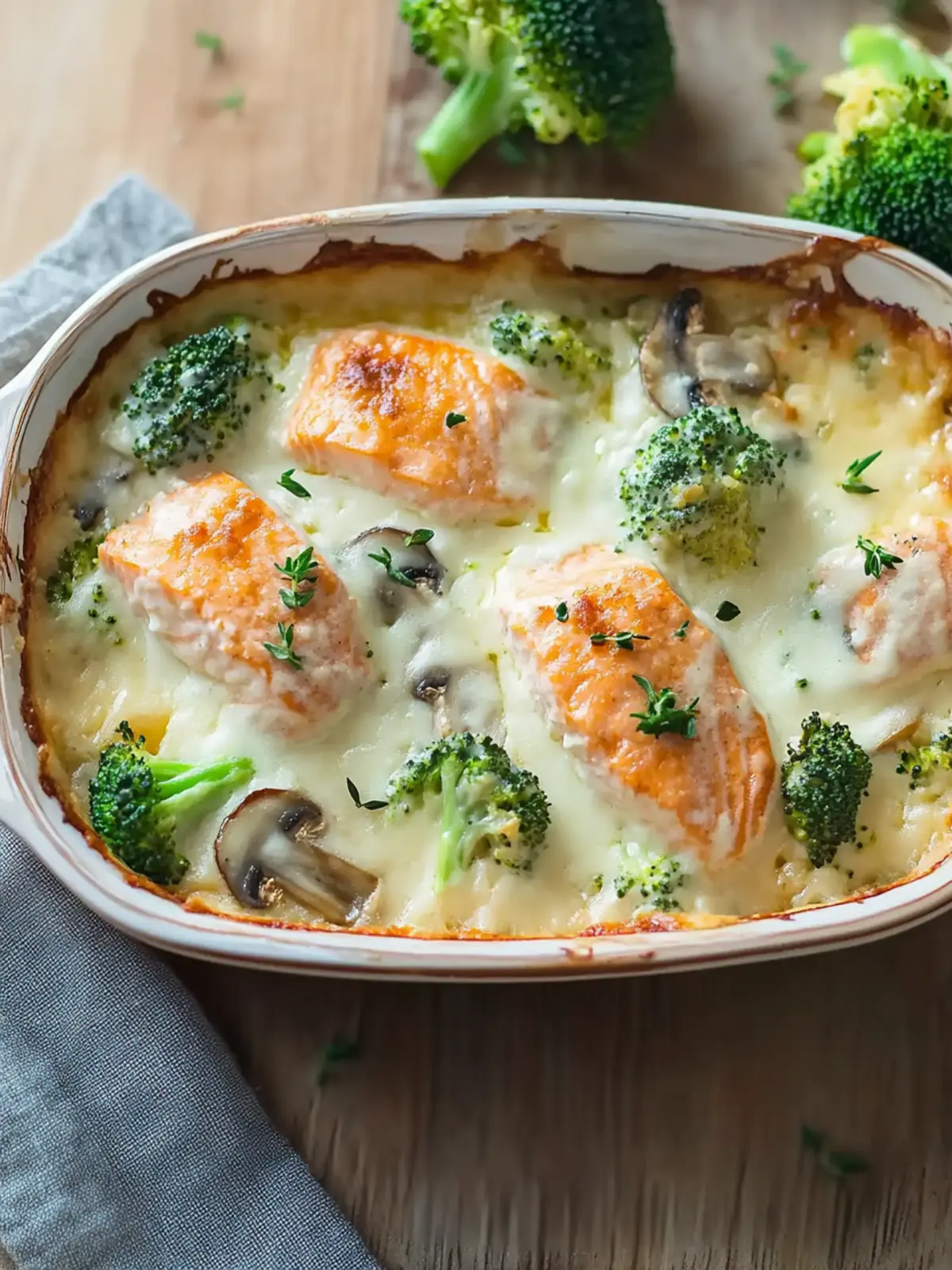 Salmon Gratin with Creamy Mushroom, Broccoli, and Mozzarella Cheese